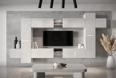 Produktbild von Furnitech Wohnwand Wohnzimmer - Wohnzimmer Möbel mit LED Weiß - Wohnzimmer Schrankwand(AN91NEW-21W-HG2)