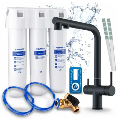 Image de Robinet de cuisine Ari 3 voies, modèle Venom, finition noire mate, robinet de lavabo extractible, livré avec un système de filtration d'eau Aquaphor, pivotant à 360°