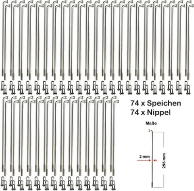 Produktbild von 74 Stück Speichen 296mm Spokes Silber VERZINKT 2mm inkl. Messing Speichennippel