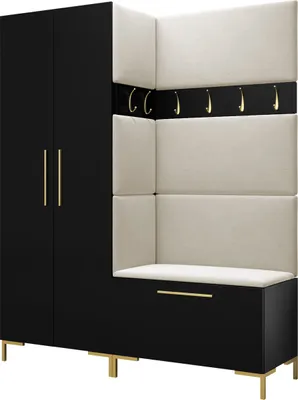 A modern corner wardrobe set with a tall cabinet and a bench with upholstered panels and coat hooks.
