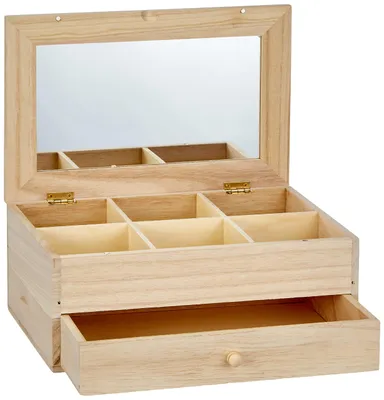 Schmuckkästchen aus Holz, 6 Fächer, Spiegel, Schublade, beige