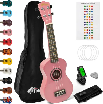 Productafbeelding van TIGER UKEKIT Ukulele-set voor beginners, inclusief sopraan-ukulele, stemapparaat, riem, ukelele-stickers, reserve-snaren en een vilten plectrum - Roze -