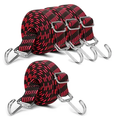 Image de Élastiques avec crochets, lot de 4, longueur 2 mètres, plats, de couleur rouge, largeur 3 cm
