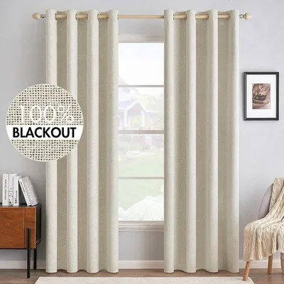 Image de Rideaux isolants thermiques à œillets, 100 % occultants, aspect lin, pour salon, protection contre le froid, rideaux occultants, lot de 2, 140 x 225 cm