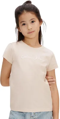 Produktbild von Calvin Klein Mädchen T-Shirt Kurzarm Script Logo Slim aus Baumwolle, Elfenbein (