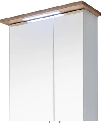 Produktbild von Badezimmer Spiegelschrank MALANJE-66 in weiß Glanz & Riviera Eiche quer Nb., mit Kranzbeleuchtung - B/H/T: 60/72/20cm