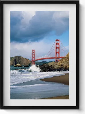 Produktbild von Meereswellen, Ufer und rote Brücke– Wandbild mit Rahmen – Gerahmtes Bild  – Wanddekoration – 50x70 cm –  Schwarz Rahmen