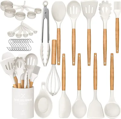 Image de Set d'ustensiles de cuisine, antiadhésif, silicone, ustensiles de cuisine, set de spatules avec support, manche en bois, silicone résistant à la chaleur, blanc crème