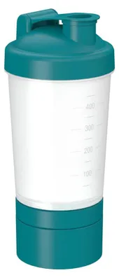 Image de Shaker "Protein" Pro 2+ de 400 ml - Shaker fitness pour boissons protéinées & sportives avec trois compartiments amovibles et passoire amovible - transparent/teal