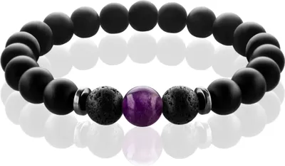 Produktbild von FABACH Chakra Perlenarmband mit 8mm Amethyst-Perle, Lavastein und Onyx-Naturstein (schwarz) - Yoga Armband aus 21 Heilsteinen - Energiearmband für Damen und Herren