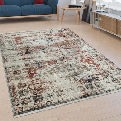 Produktbild von Kurzflor Wohnzimmer Teppich Bordüre Orient Design Modern Used-Look Bunt Grösse 80x150 cm