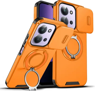 Immagine prodotto di Custodia a doppio strato per Xiaomi Redmi 15C 4G, con copertura scorrevole della fotocamera e supporto magnetico ad anello Arancione
