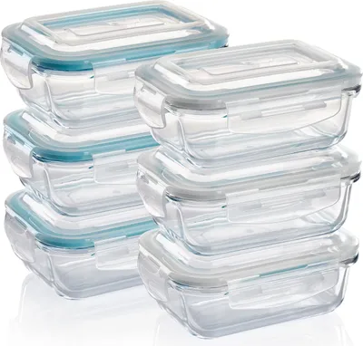 Produktbild von Frischhaltedose – Glas Vorratsdosen 6x370 ml, rechteckig, luftdicht mit Click-Verschluss, für Ofen, Mikrowelle & Gefrierfach geeignet