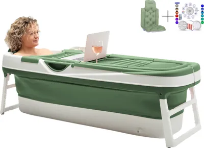 Obrázok produktu pre HelloBath® Skladacia vaňa pre dospelých XXL, 157x60x48 cm – S vankúšom do vane, úložným krytom, kúpeľovým svetlom a masážnymi valčekmi – Prenosná vaňa