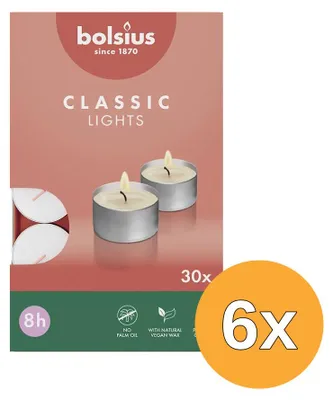 Imagen del producto de 6 unidades de velas "Theelichten" de Bolsius, blancas, de 8 horas de duración (30 unidades)