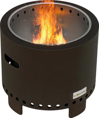 A fire pit with flames inside, shown from a slightly elevated angle against a white background.