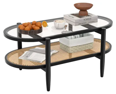 Produktbild von KOMFOTTEU 2-stöckiger Couchtisch aus Holz, ovaler Wohnzimmertisch mit Hartglasplatte & Rattan Ablage, Kaffeetisch mit Holzrahmen, Beistelltisch für Wohnzimmer & Schlafzimmer, 102x56x47 cm, Schwarz