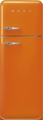 A front view of an orange Smeg refrigerator.