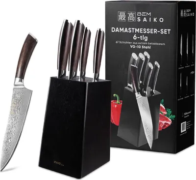 Produktbild von BEM Saiko 6-tlg. Damastmesser Damast Küchenmesser Knife Set aus VG-10 Stahl, Messerblock mit Damaskus Messer inkl. Kochmesser, Gemüsemesser usw.