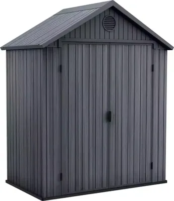 A dark gray storage shed with double doors and a sloped roof, shown against a white background.
