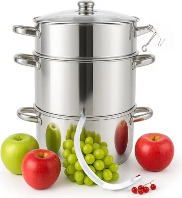 Produktbild von Grafner 8,5 Liter Dampfentsafter aus Edelstahl, Durchmesser Ø26cm, mit Ablasshahn und Glasdeckel, induktionsgeeignet, ideal für Saft und Gelee, Fruchttopf Entsafter Obstpresse Obst Gemüse entsaften