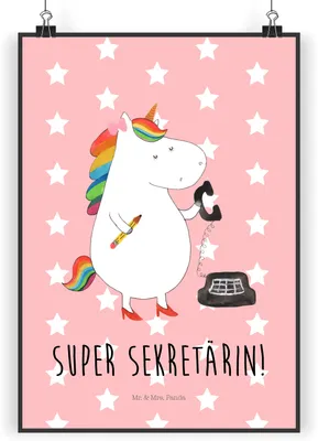 Produktbild von Mr. & Mrs. Panda Bild Einhorn Sekretärin DIN A4 - Rot Pastell - Geschenk, Posterdruck, Büro, Unicorn, wanddeko, drucke, Wandbild, Plakat, Steuerkanzlei, Einhörner