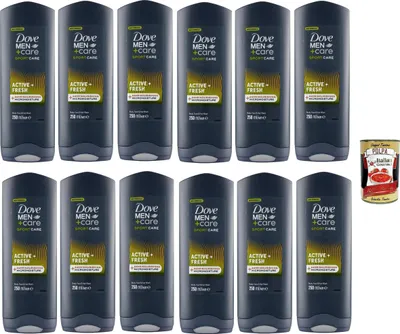Produktbild von Dove Men+Care, shower gel 3 in 1, Sport Care Active + Duschbad für Körper, Gesicht und Haare mit 24-Stunden-Pflegeeffekt, 12x 250 ml + Italian Gourmet polpa 400g