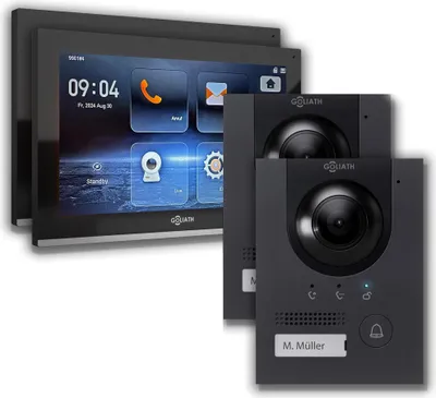 Produktbild von IP Gegensprechanlage | 10 Zoll Monitor | 2x Außenstation Anthrazit  : 2 Monitore : 10 Zoll Schwarz : Aufputz Dose Monitor Anzahl: 2 Monitore Monitor Farbe: 10 Zoll Schwarz Montage: Aufputz Dose