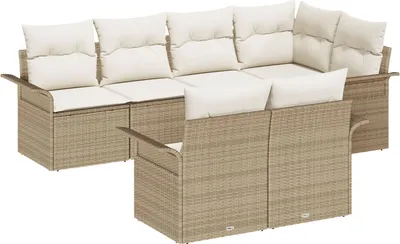 Produktbild von Möbel 7-teiliges Garten Sofa Set mit Kissen Beige Poly Rattan, 2-Sitzer Garten Sofa mit Stauraum & Kissen Beige Poly Rattan - Gartensofas 3354070