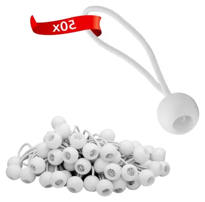 Produktbild von Spanngummis mit Kugel 50 Stück, Planenspanner, robuste Expanderschlingen mit Kunststoff-Kugel, Zeltgummis 15cm zum Sichern von Planen, Pavillons Weiss