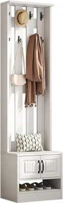 Zdjęcie produktu dla Zestaw mebli do przedpokoju: szafka na buty i szafka wisząca z 2 drzwiami i 8 haczykami, wymiary: 50x36x190 cm, kolor biały, model HNDE016