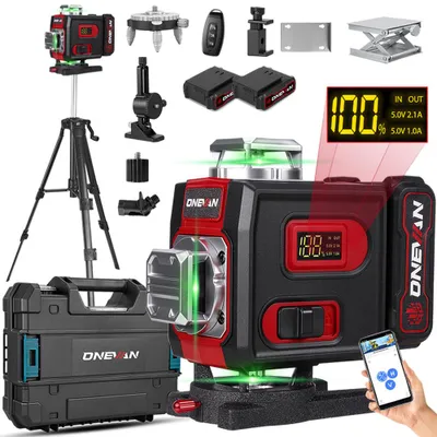 Produktbild von ONEVAN 4D Kreuzlinienlaser + Stativ mit 2 x 4,8Ah Akkus, 16 Linien Laserwasserwaage Selbstnivellierender Baulaser Bluetooth-App Fernbedienung