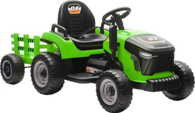 Obrázek produktu pro Elektrický dětský traktor - jezdící vozidlo s odpojitelným přívěsem - dobíjecí baterie 12V - dálkové ovládání 2.4G - rychlost 3-5 km/h - věk 3-8 let - hudba a klakson - zelená barva