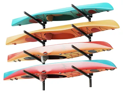 Image de Support mural VEVOR pour rangement de kayaks, pouvant accueillir 4 kayaks/canoës/planches de surf/planches à pagaie/petits bateaux, support pour kayaks d'une capacité de charge de 136 kg, support de rangement réglable pour garage ou ponton
