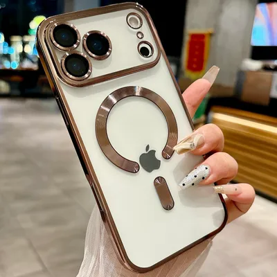 Image de Coque magnétique transparente pour iPhone 17 Pro Max, compatible MagSafe, coque de protection galvanisée avec protection de l'appareil photo Marron
