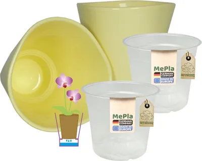 Produktbild von MePla - 2 Stück - Orchideenübertopf Dreieck ø 14 Gelb + Pflanztopf Orchidee ø 12