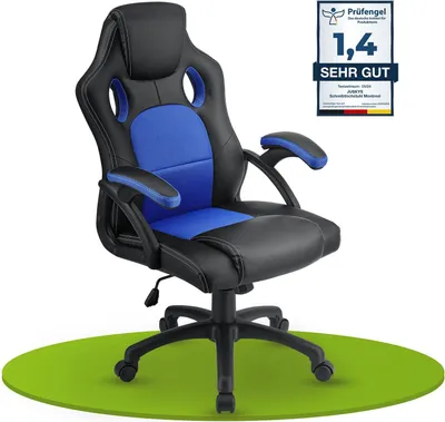 Produktbild von Juskys Racing Schreibtischstuhl Montreal (blau) - Gaming Stuhl ergonomisch, höhenverstellbar & gepolstert, bis 120 kg - Bürostuhl Drehstuhl