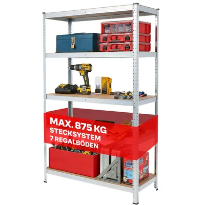 Produktbild von Schwerlastregal, Steckregal, Werkstattregal, Lagerregal, 5 MDF-Böden, Kellerregal 180x90x40 cm, Raglast gesamt 875 kg, Metallregal, Retoo