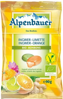 CUKIERKI Z NADZIENIEM O SMAKU IMBIROWO - LIMONKOWYM I IMBIROWO - POMARAŃCZOWYM BIO 90 g - ALPENBAUER