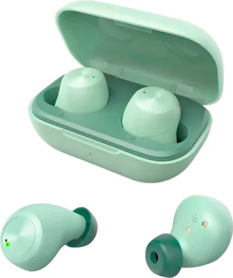 A set of mint green wireless earbuds in their charging case, with two earbuds shown separately.