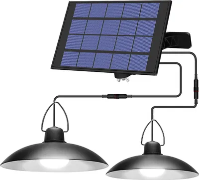 A solar-powered hanging light fixture with two lamps and a solar panel.