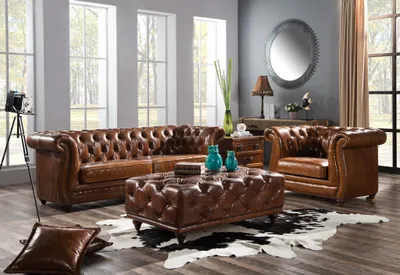 Image de Design Clubsofa : Canapé 3 places, revêtement en cuir, style vintage