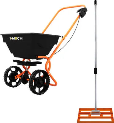 Produktbild von Rasennivellierer & Rotationssteuer, Dünger, Garten-Nivellierer, 50 cm x 32 cm, orange, abnehmbarer ausziehbarer Griff, 1,15–1,9 m, 25 kg Kapazität, Salz, Splitt, Sand, Regenschutz und Handschuhe