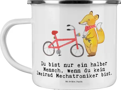 Produktbild von Mr. & Mrs. Panda Emaille Becher Zweirad Mechatroniker Herz - Weiß - Geschenk, Pott, Haferl, Teetasse, Tasse