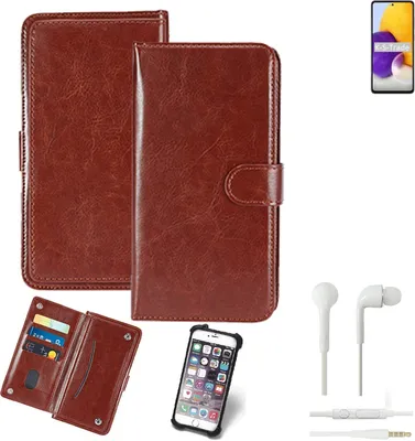 Produktbild von K-S-Trade 360° Hülle kompatibel mit Samsung Galaxy A72 inkl. Headphones braun Kunstleder Case BookCase WalletCase Kunstlederederhülle Handyhülle,