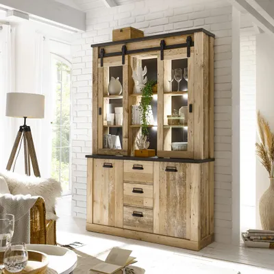 Produktbild von Buffetschrank inkl. Beleuchtung SHELTON-61 in Old Style hell Nb. mit anthrazit, B/H/T: ca. 133/201/38 cm