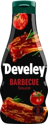 A bottle of barbecue sauce with images of tomatoes and meat.