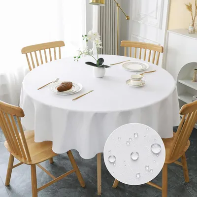 Obrázek produktu pro Kulatá ubrus, průměr 180 cm, bílá, vzhled lnu, polyester, omyvatelná, voděodolná, odolná proti poškrábání