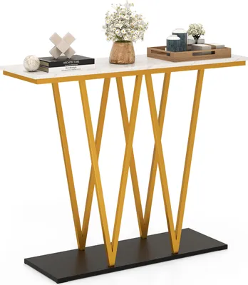 Produktbild von COSTWAY Goldener Eingangstisch, 100 cm langer moderner Konsolentisch mit Kunstmarmorplatte und Metallrahmen, schlanker Tisch mit Ablagefläche weiß