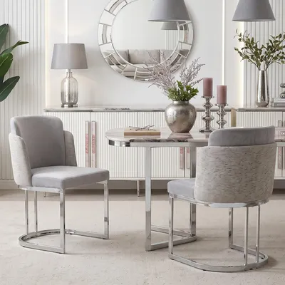 Image de Flieks : 2 chaises de salle à manger avec pieds argentés, confortables et respirantes, en tissu chenille, chaises de cuisine, fauteuils rembourrés, gris clair + argent